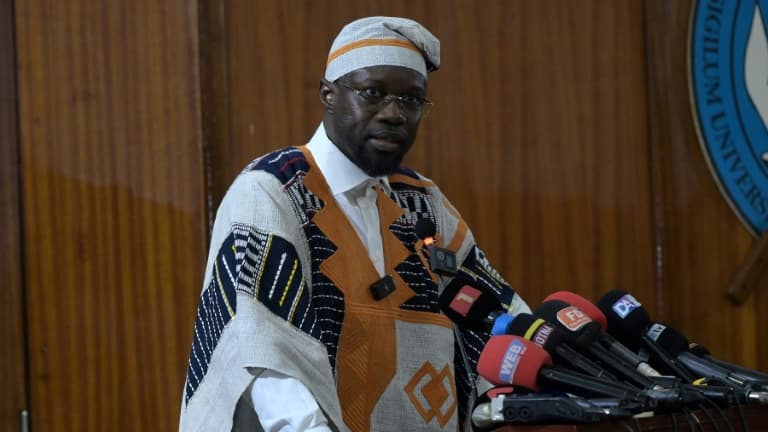 Senegal's Prime Minister Ousmane Sonko delivering a speech at Cheikh Anta Diop University in Dakar