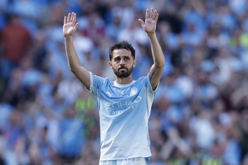 Bernardo Silva waves to the Etihad Stadium crowd during his final match with Manchester City