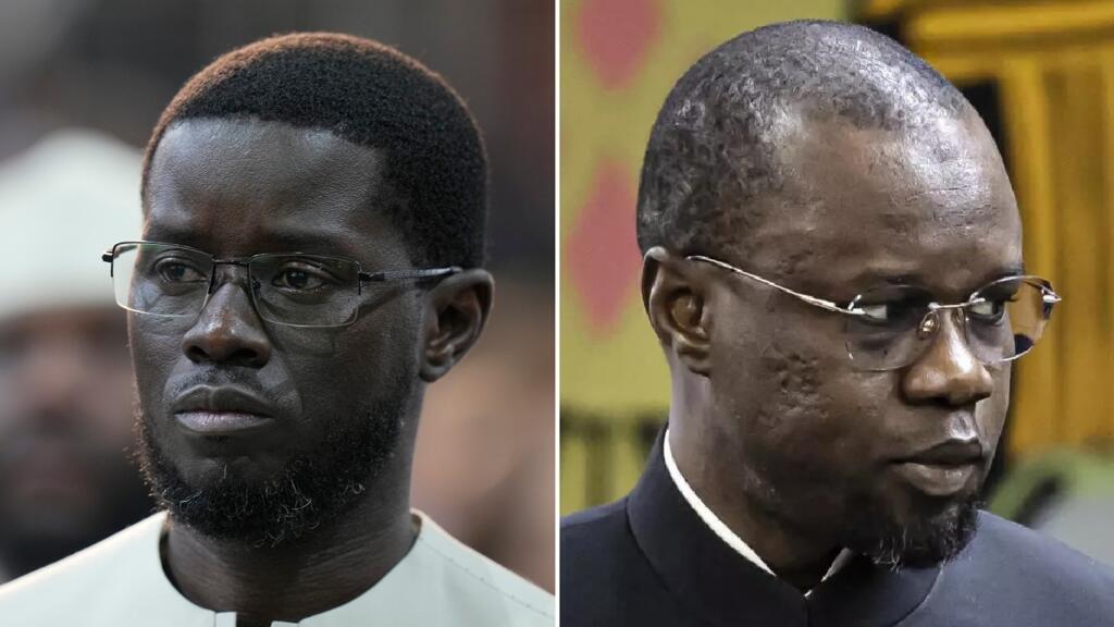 President Bassirou Diomaye Faye (left) and former Prime Minister Ousmane Sonko (right) during a political event in Senegal.