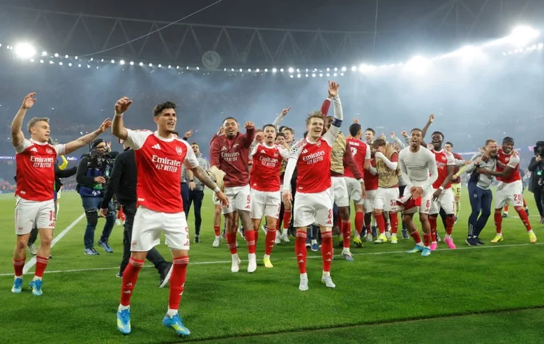 Arsenal players celebrating a goal in the Champions League semifinals