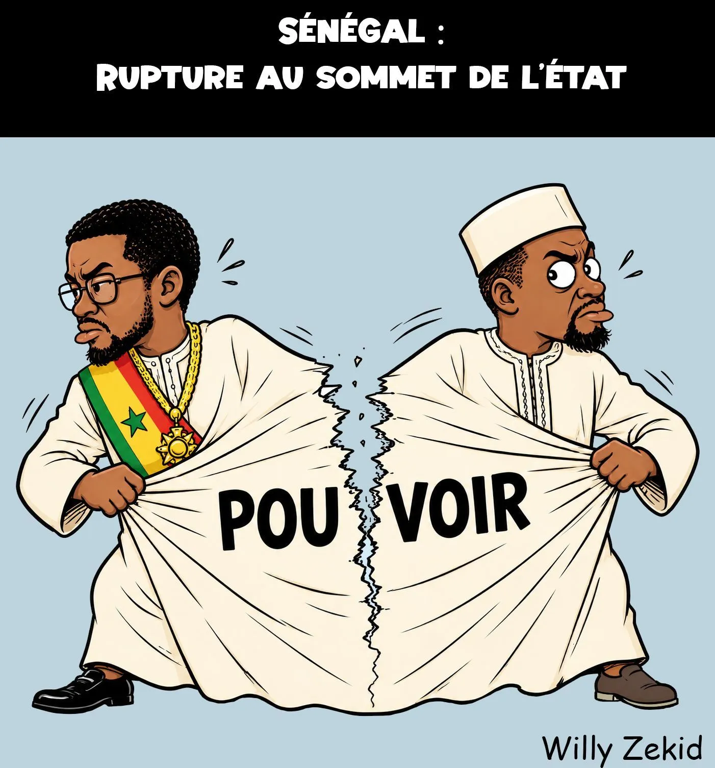 A satirical illustration depicting Ousmane Sonko and Bassirou Diomaye Faye tearing apart a garment symbolizing their shared power.