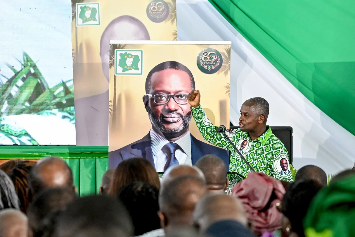 Calice Yapo Yapo, the PDCI’s executive secretary, at the party’s 80th anniversary celebration in Abidjan on April 9, 2026. © Issouf SANOGO/AFP