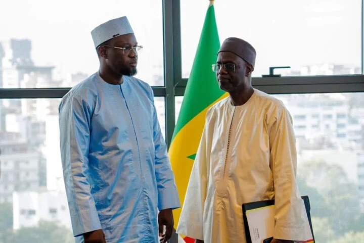 Government transition ceremony at Primature Government transition ceremony at Primature between outgoing Prime Minister Ousmane Sonko and incoming PM Ahmadou Al-Aminou Lo