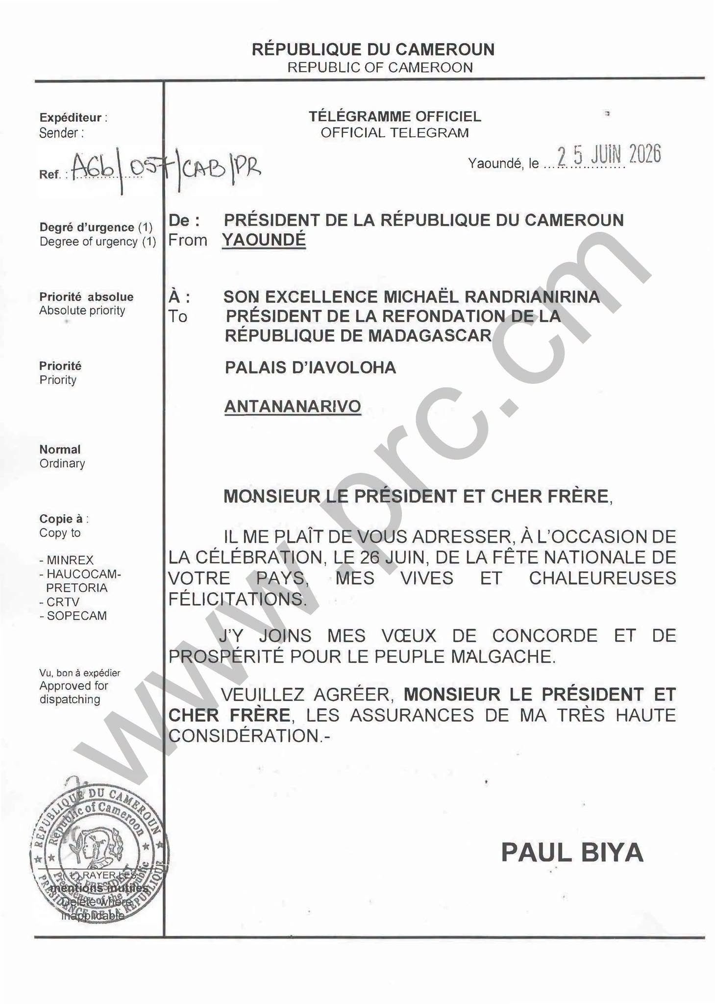 President Paul Biya's congratulatory message to Madagascar's President Michaël Randrianirina