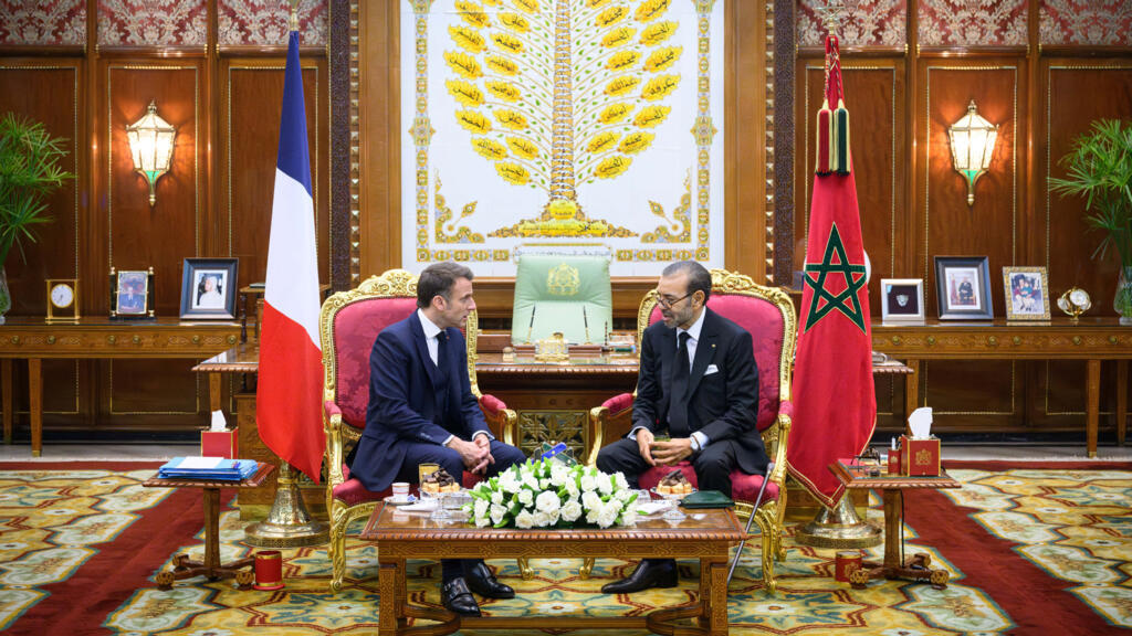 French President Emmanuel Macron greeted by Morocco's King Mohammed VI in Rabat, Morocco, October 28, 2024.