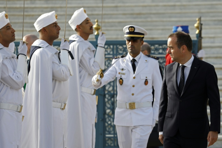 Sébastien Lecornu reviewing a military honor guard at the Royal Mausoleum in Rabat on July 16, 2026