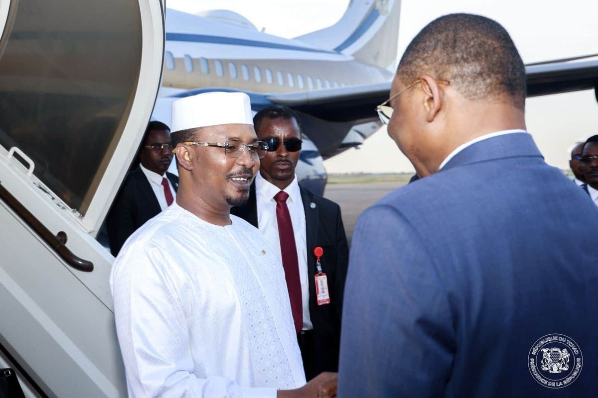 Chad's President Mahamat Idriss Déby Itno waves upon returning to N'Djamena from the UAE