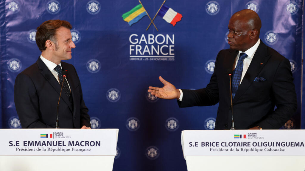 French and Gabonese presidents Emmanuel Macron and Brice Oligui Nguema during a joint press conference in Libreville, November 23, 2025