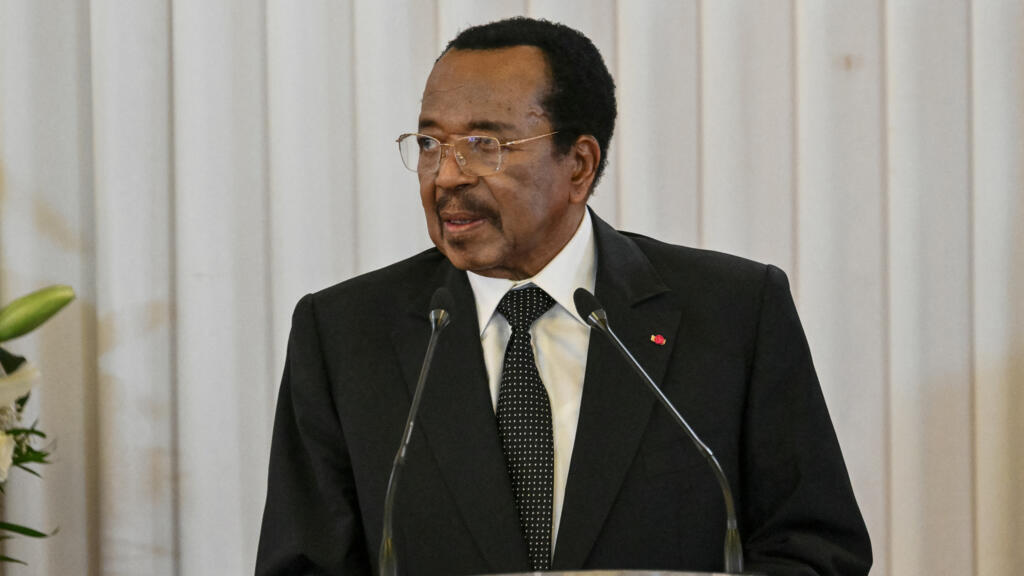 President Paul Biya of Cameroon speaking during an event with Pope Leo XIV at the presidential palace in Yaoundé on April 15, 2026