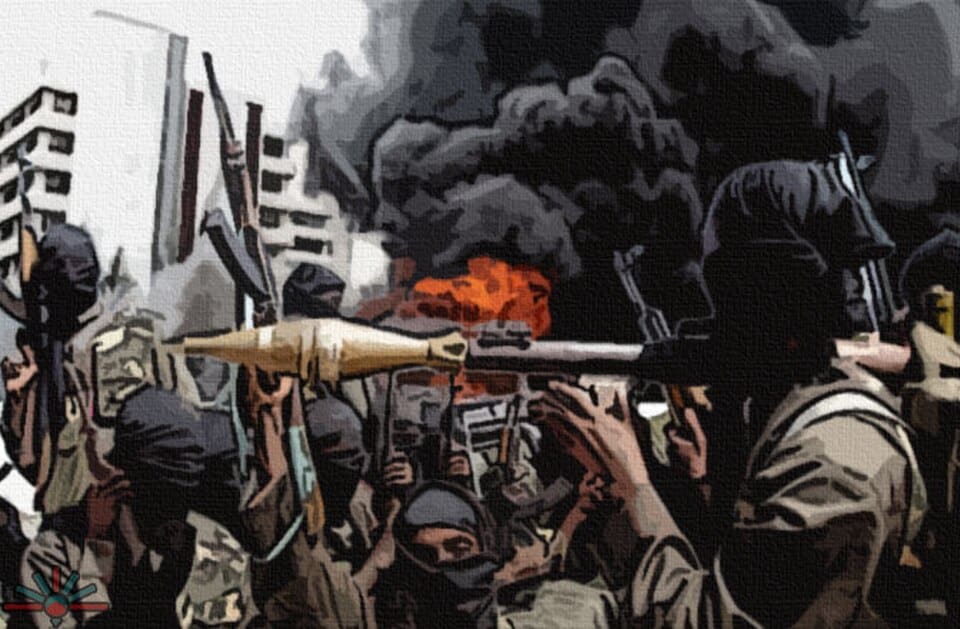 Boko Haram fighters in a desert landscape