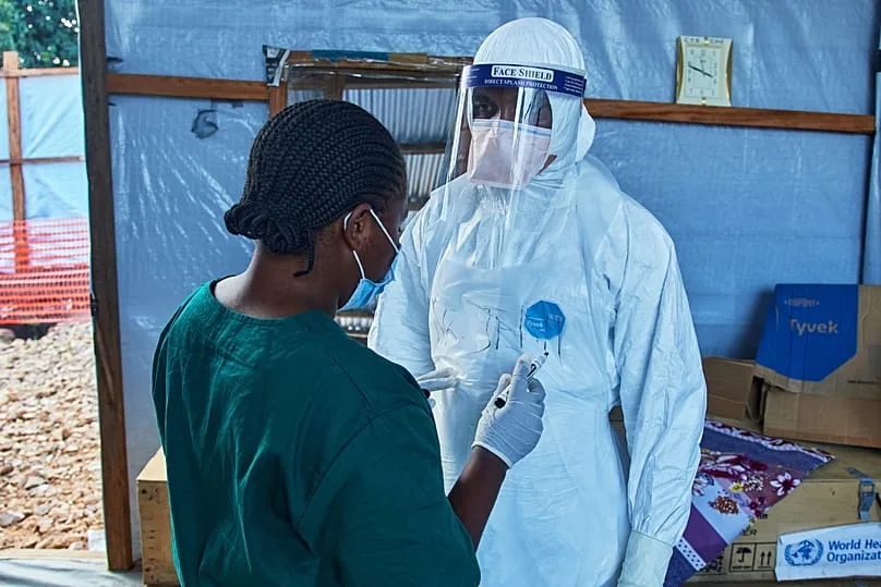 Healthcare workers in discussion at a medical center in Bunia, July 3, 2026